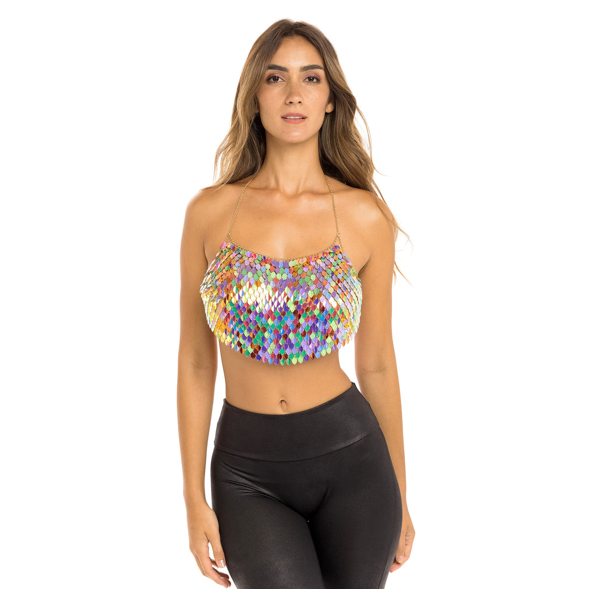 Festival Crop Top-Woman in Festival Crop Top. Multicolored. Front view half. 