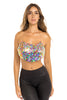 Woman in Festival Crop Top. Multicolored. Front view half. 