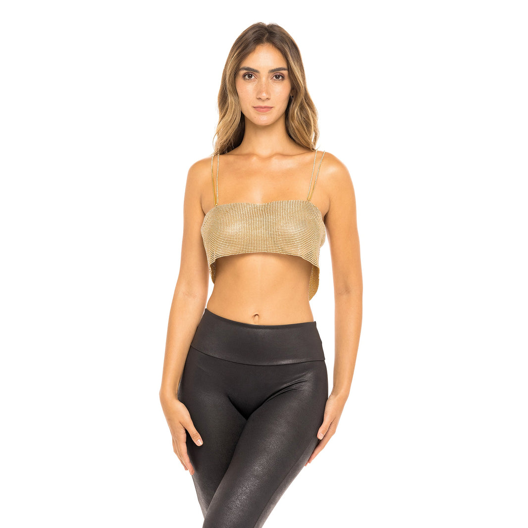 Woman in crystal top. Gold. Front view full.
