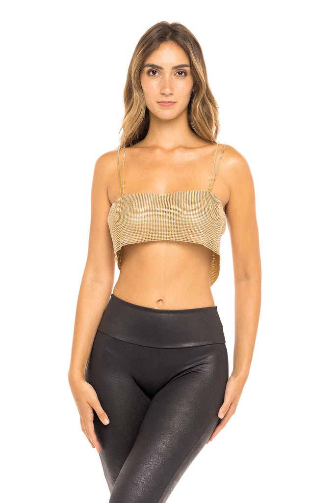 Woman in crystal top. Gold. Front view full.