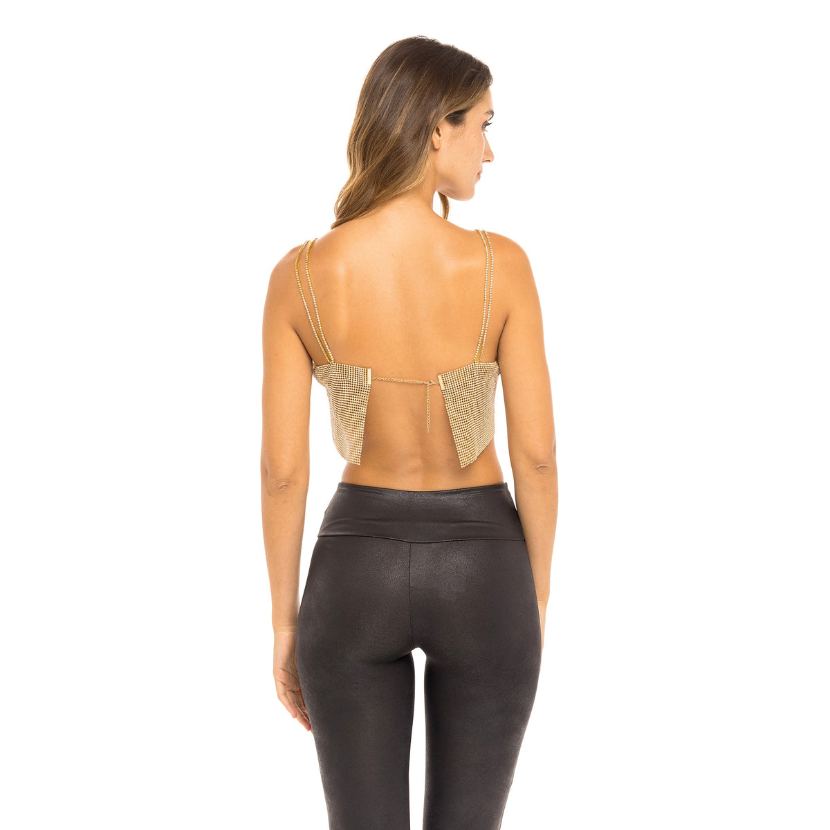 Crystal Rhinestone Chain Crop Top-Woman in crystal top. Gold. Back view half.