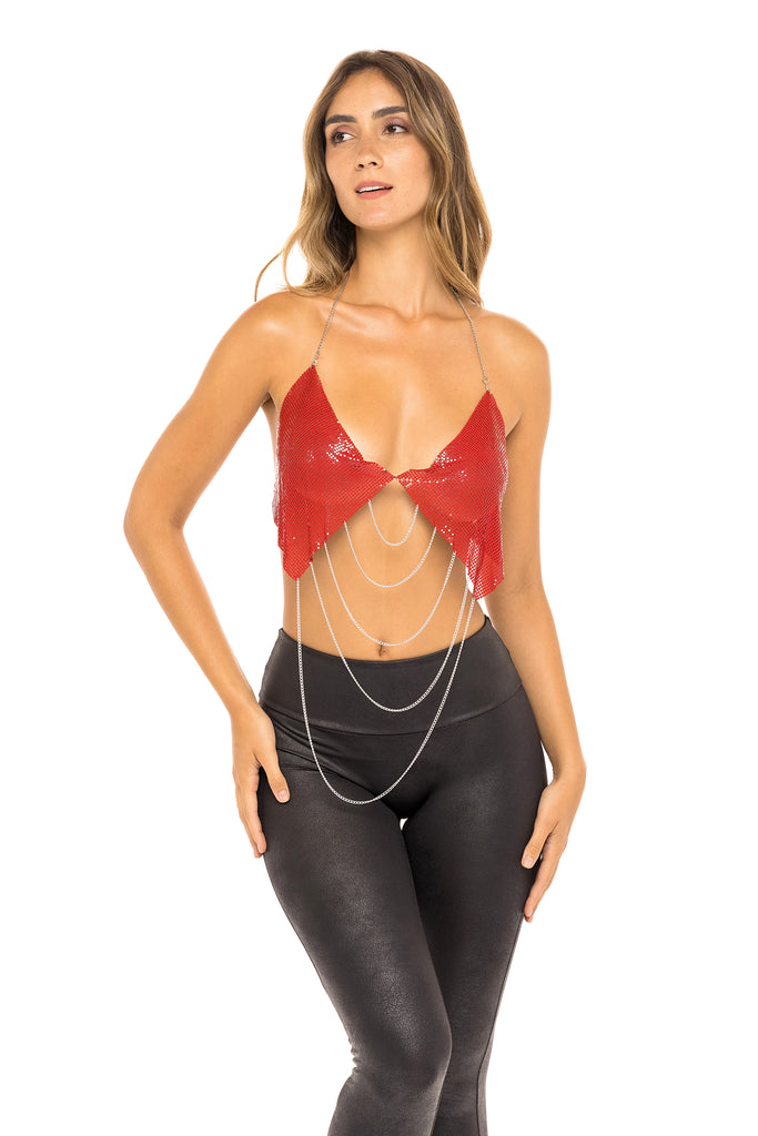 Women in Triangle Chain Top. Front view half.