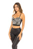 Woman in Mirrorball Corset Bustier Top. Black. Side view half.