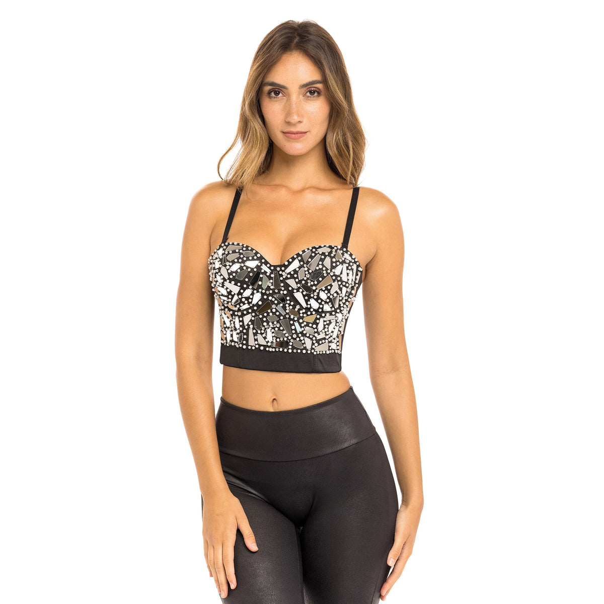 Mirrorball Corset Bustier Top-Woman in Mirrorball Corset Bustier Top. Black. Front view half.