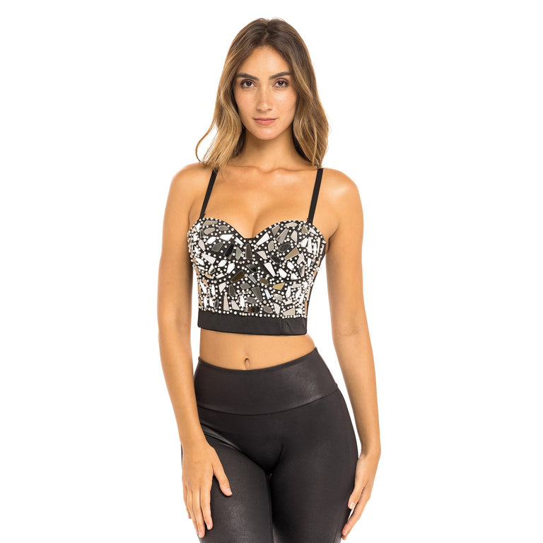 Woman in Mirrorball Corset Bustier Top. Black. Front view half.