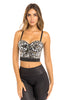 Woman in Mirrorball Corset Bustier Top. Black. Front view half.