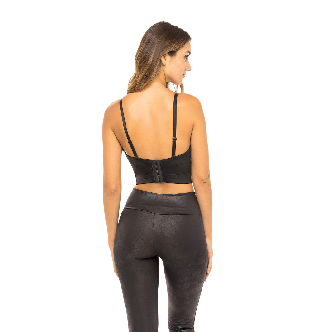 Woman in Mirrorball Corset Bustier Top. Black. Front view full.