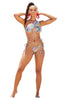 Women in Nine-Mile Asymmetrical Two-Piece Bikini Swimsuit. Designer Keva J., Front view full.