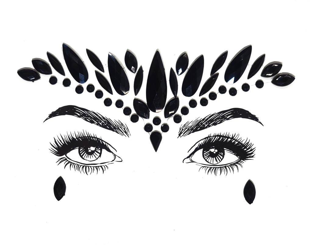 Striking multicolor Durga Face Gem Stickers featuring reflective resin rhinestone and acrylic diamond design. Adjustable fit for ages 12 and up, perfect for adding a bold and divine touch to festival and carnival attire. Eco-friendly and non-toxic materials ensure safe and creative expression. #carnivalmw #festivalfashion