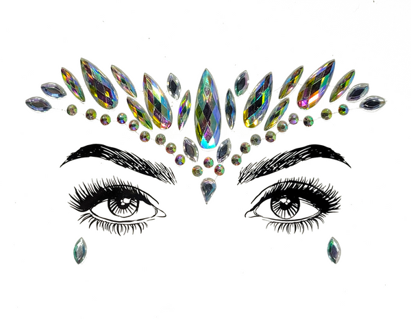 Ethereal multicolor Ganga Face Gem Stickers featuring reflective resin rhinestone and acrylic diamond design. Adjustable fit for ages 12 and up, perfect for adding a graceful touch to festival and carnival attire. Eco-friendly and non-toxic materials ensure safe and creative expression. #carnivalmw #festivalfashion