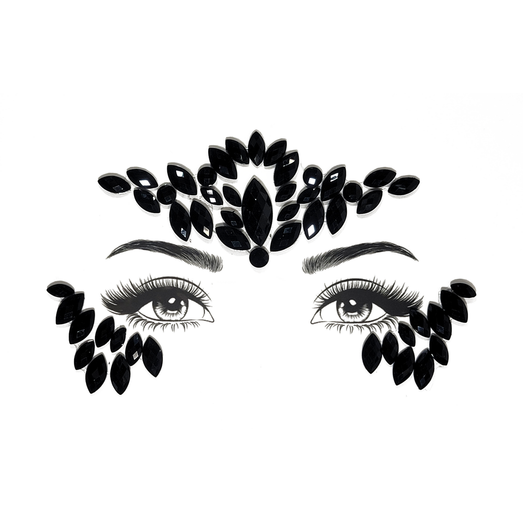 Gemini Face Gem Stickers in striking black, featuring reflective crystal, rhinestone, and gemstone design for carnival and festival wear