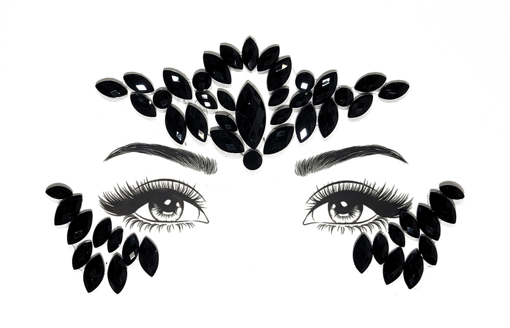 Gemini Face Gem Stickers in striking black, featuring reflective crystal, rhinestone, and gemstone design for carnival and festival wear. Suitable for ages 12 and up, adjustable fit for face, body, and nails. Perfect for creating a dazzling carnival look. #carnivalmw #mondaywear #carnivalcostume