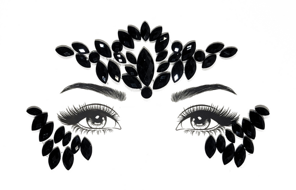 Gemini Face Gem Stickers in striking black, featuring reflective crystal, rhinestone, and gemstone design for carnival and festival wear. Suitable for ages 12 and up, adjustable fit for face, body, and nails. Perfect for creating a dazzling carnival look. #carnivalmw #mondaywear #carnivalcostume