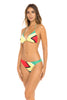 Guyana Flag Two-Piece Bikini Swimsuit featuring vibrant green, yellow, red, and black colors. Made from Nylon and Spandex for comfort and flexibility. True to size fit with removable pads, ideal for ages 16 and up. Perfect for beach, pool, or festival events. Machine washable for easy care. #carnivalmw #carnival #mondaywear #swimsuit #guyana