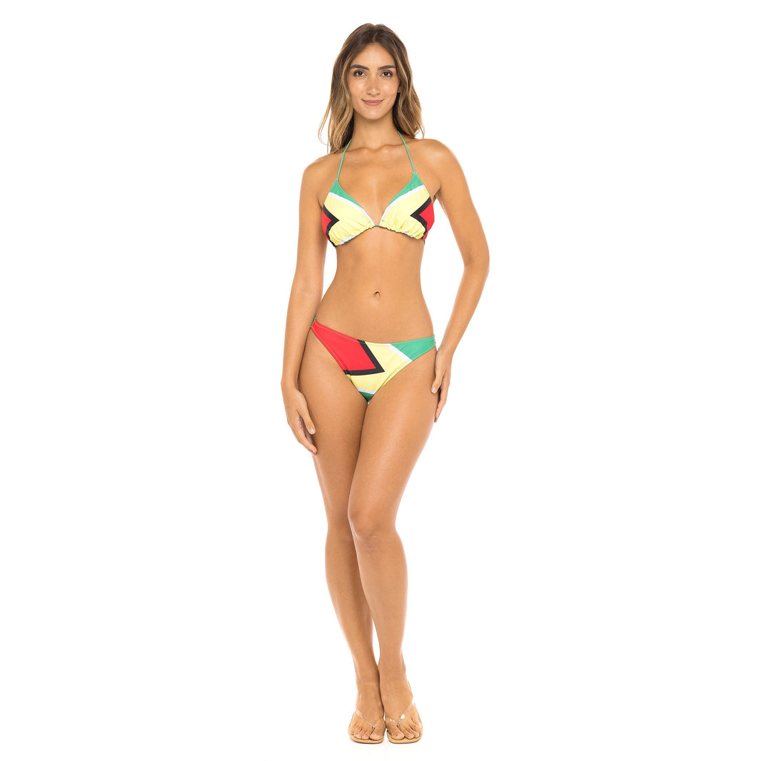 Guyana Flag Two-Piece Bikini Swimsuit featuring vibrant green, yellow, red, and black colors. Made from Nylon and Spandex for comfort and flexibility
