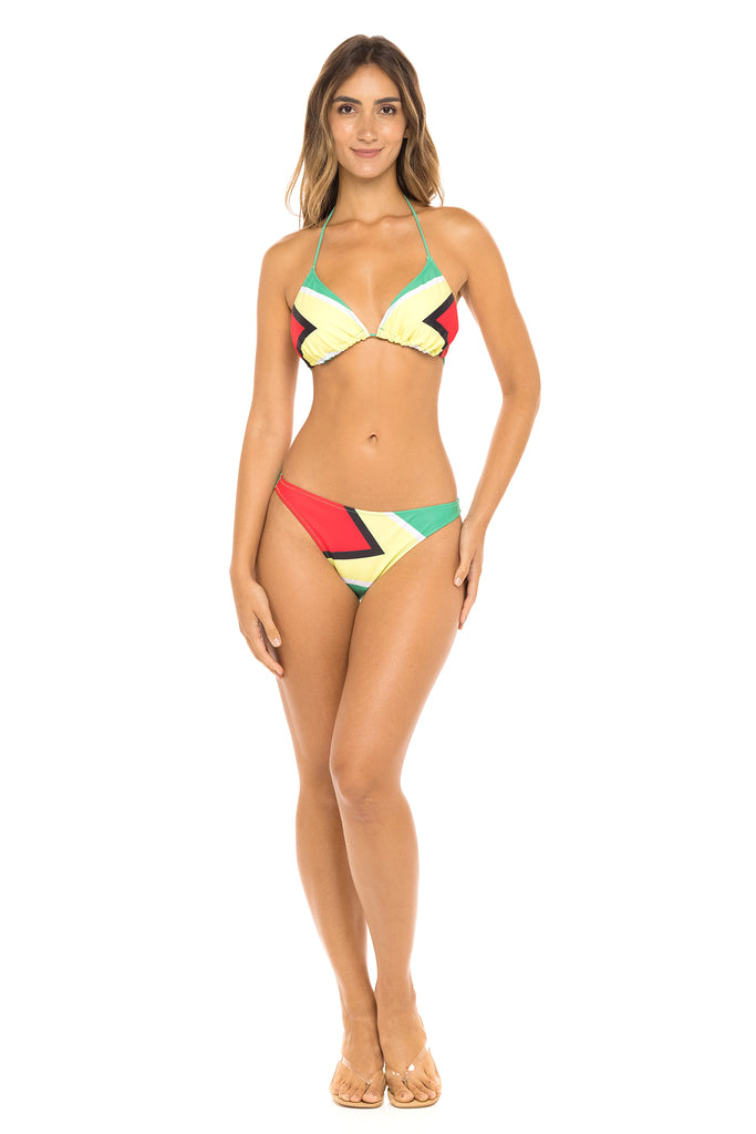 Guyana Flag Two-Piece Bikini Swimsuit featuring vibrant green, yellow, red, and black colors. Made from Nylon and Spandex for comfort and flexibility. True to size fit with removable pads, ideal for ages 16 and up. Perfect for beach, pool, or festival events. Machine washable for easy care. #carnivalmw #carnival #mondaywear #swimsuit #guyana