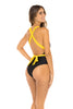 Jamaican Flag Multiwear One-Piece Swimsuit featuring bold black, yellow, and green colors. Designed with versatile styling options for cross-neck or straight shoulder wear. Made from Nylon and Spandex for comfort and flexibility. True to size fit, ideal for carnival, festival, or beach events. Machine washable for easy care. #carnivalmw #carnival #mondaywear #onepiece #jamaica #swimsuit