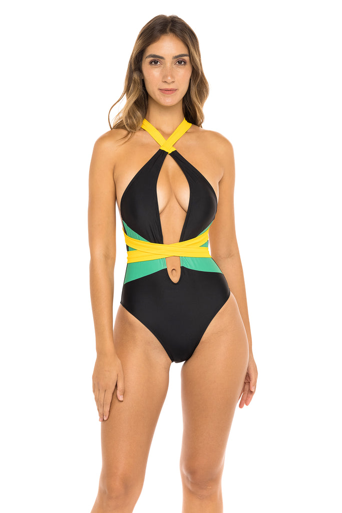 Jamaican Flag Multiwear One-Piece Swimsuit featuring bold black, yellow, and green colors. Designed with versatile styling options for cross-neck or straight shoulder wear. Made from Nylon and Spandex for comfort and flexibility. True to size fit, ideal for carnival, festival, or beach events. Machine washable for easy care. #carnivalmw #carnival #mondaywear #onepiece #jamaica #swimsuit