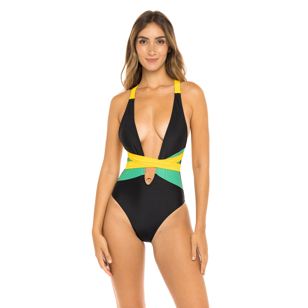 Jamaican Flag Multiwear One-Piece Swimsuit Mondaywear-Jamaican Flag Multiwear One-Piece Swimsuit Mondaywear – fabric detail