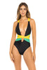 Jamaican Flag Multiwear One-Piece Swimsuit featuring bold black, yellow, and green colors. Designed with versatile styling options for cross-neck or straight shoulder wear. Made from Nylon and Spandex for comfort and flexibility. True to size fit, ideal for carnival, festival, or beach events. Machine washable for easy care. #carnivalmw #carnival #mondaywear #onepiece #jamaica #swimsuit