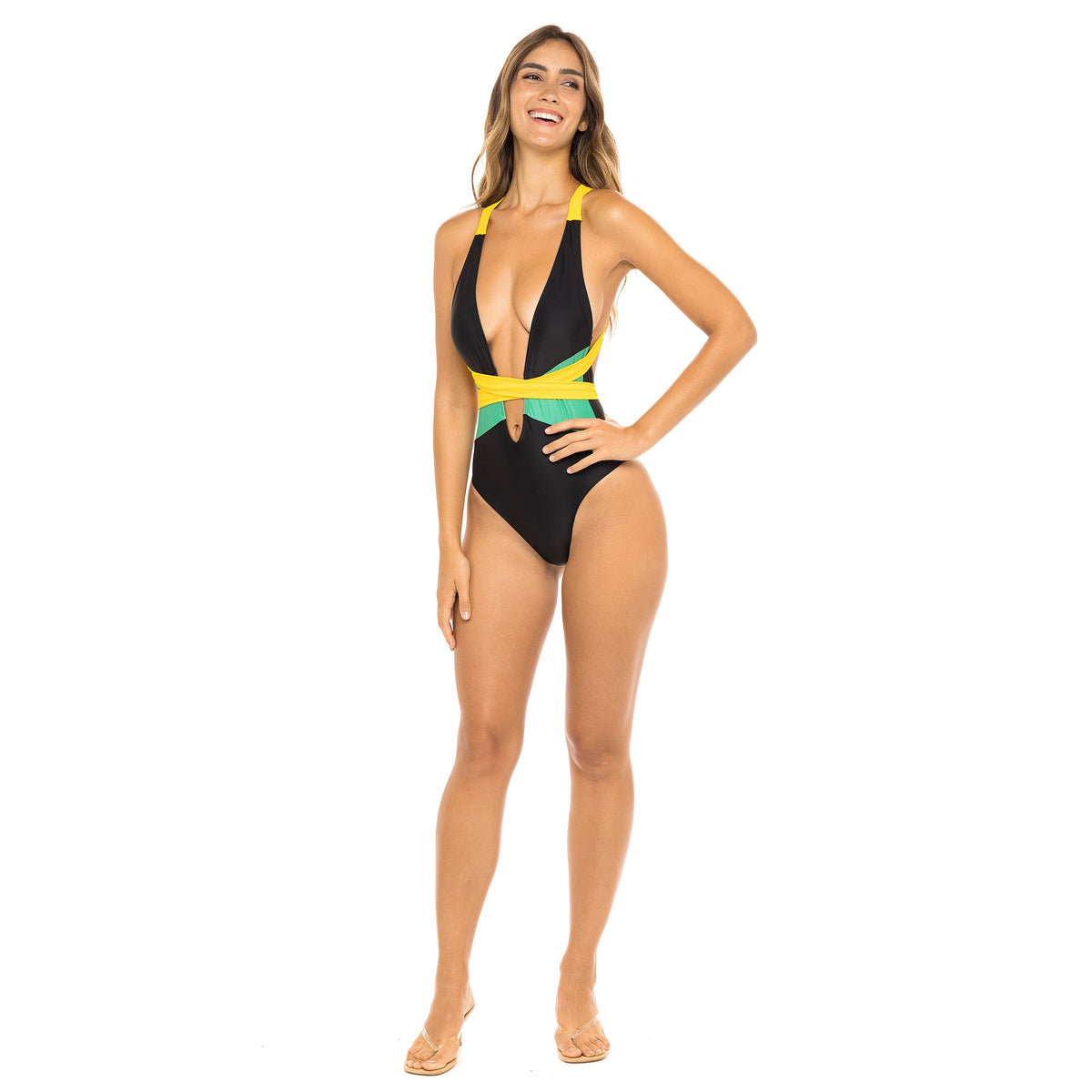 Jamaican Flag Multiwear One-Piece Swimsuit Mondaywear-Jamaican Flag Multiwear One-Piece Swimsuit Mondaywear – black, yellow and green flag print