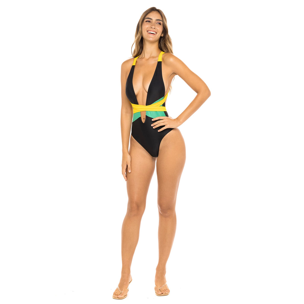 Jamaican Flag Multiwear One-Piece Swimsuit featuring bold black, yellow, and green colors