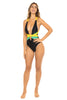 Jamaican Flag Multiwear One-Piece Swimsuit featuring bold black, yellow, and green colors. Designed with versatile styling options for cross-neck or straight shoulder wear. Made from Nylon and Spandex for comfort and flexibility. True to size fit, ideal for carnival, festival, or beach events. Machine washable for easy care. #carnivalmw #carnival #mondaywear #onepiece #jamaica #swimsuit