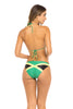 Jamaican Flag Two-Piece Bikini Swimsuit featuring vibrant green, black, and yellow colors. Made from Nylon and Spandex for comfort and flexibility. True to size fit with removable pads, ideal for ages 16 and up. Perfect for beach or carnival events. Machine washable for easy care. #carnivalmw #carnival #mondaywear #swimsuit #jamaica