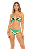 Jamaican Flag Two-Piece Bikini Swimsuit featuring vibrant green, black, and yellow colors. Made from Nylon and Spandex for comfort and flexibility. True to size fit with removable pads, ideal for ages 16 and up. Perfect for beach or carnival events. Machine washable for easy care. #carnivalmw #carnival #mondaywear #swimsuit #jamaica