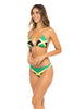 Jamaican Flag Two-Piece Bikini Swimsuit featuring vibrant green, black, and yellow colors. Made from Nylon and Spandex for comfort and flexibility. True to size fit with removable pads, ideal for ages 16 and up. Perfect for beach or carnival events. Machine washable for easy care. #carnivalmw #carnival #mondaywear #swimsuit #jamaica