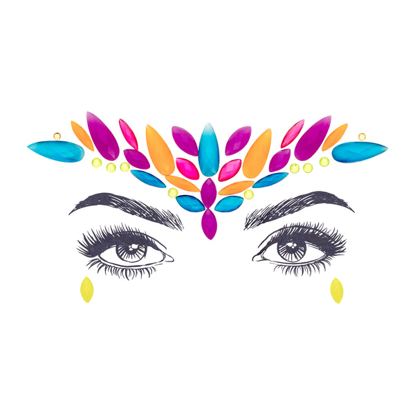 "Bold multicolor Kali Face Gem Stickers featuring reflective resin rhinestone and acrylic diamond design. Glow-in-the-dark feature for a striking look at night festivals. Adjustable fit for ages 12 and up, perfect for adding a powerful touch to festival and carnival attire. Eco-friendly and non-toxic materials ensure safe and creative expression. #carnivalmw #festivalfashion