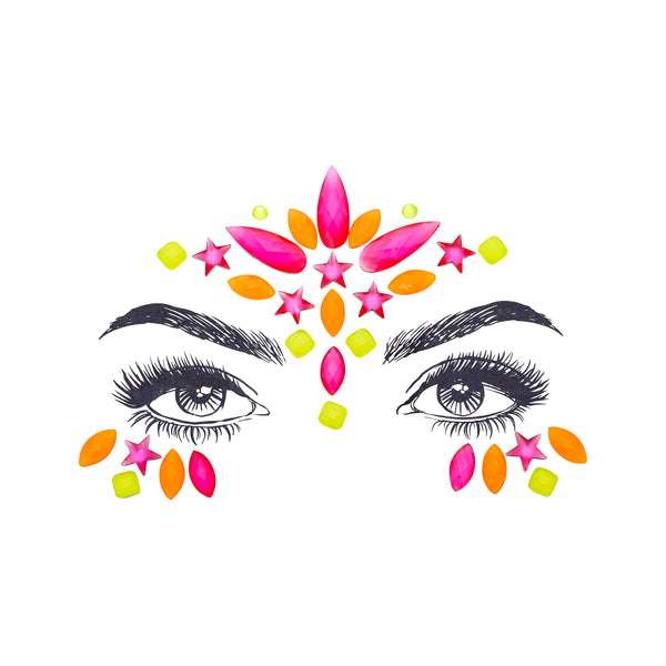 Radiant multicolor Lakshmi Face Gem Stickers featuring reflective resin rhinestone and acrylic diamond design. Glow-in-the-dark feature for night festivals. Adjustable fit for ages 12 and up, perfect for adding a touch of prosperity to festival and carnival attire. Eco-friendly and non-toxic materials ensure safe and creative expression. #carnivalmw #festivalfashion