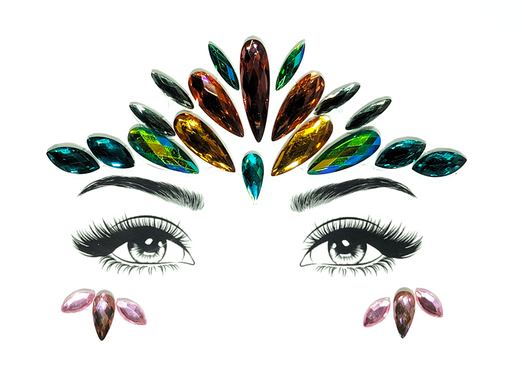 "Graceful multicolor Libra Face Gem Stickers featuring reflective resin rhinestone and acrylic diamond design. Adjustable fit for ages 12 and up, perfect for adding a balanced touch to festival and carnival attire. Eco-friendly and non-toxic materials ensure safe and creative expression. #carnivalmw #festivalfashion
