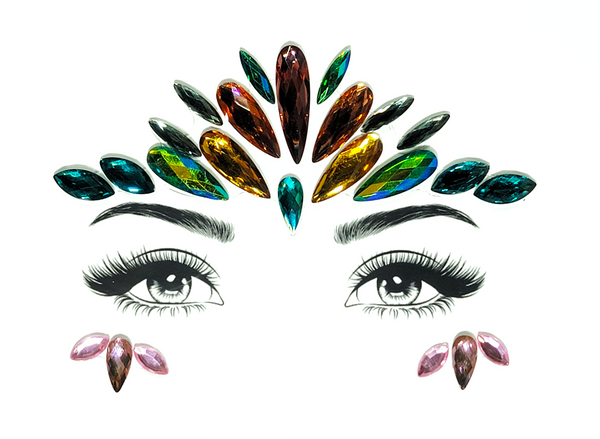 "Graceful multicolor Libra Face Gem Stickers featuring reflective resin rhinestone and acrylic diamond design. Adjustable fit for ages 12 and up, perfect for adding a balanced touch to festival and carnival attire. Eco-friendly and non-toxic materials ensure safe and creative expression. #carnivalmw #festivalfashion
