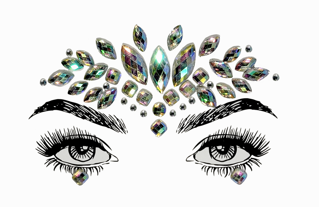 Serene multicolor Mahadevi Face Gem Stickers featuring reflective resin rhinestone and acrylic diamond design. Adjustable fit for ages 12 and up, perfect for adding a divine touch to festival and carnival attire. Eco-friendly and non-toxic materials ensure safe and creative expression. #carnivalmw #festivalfashion