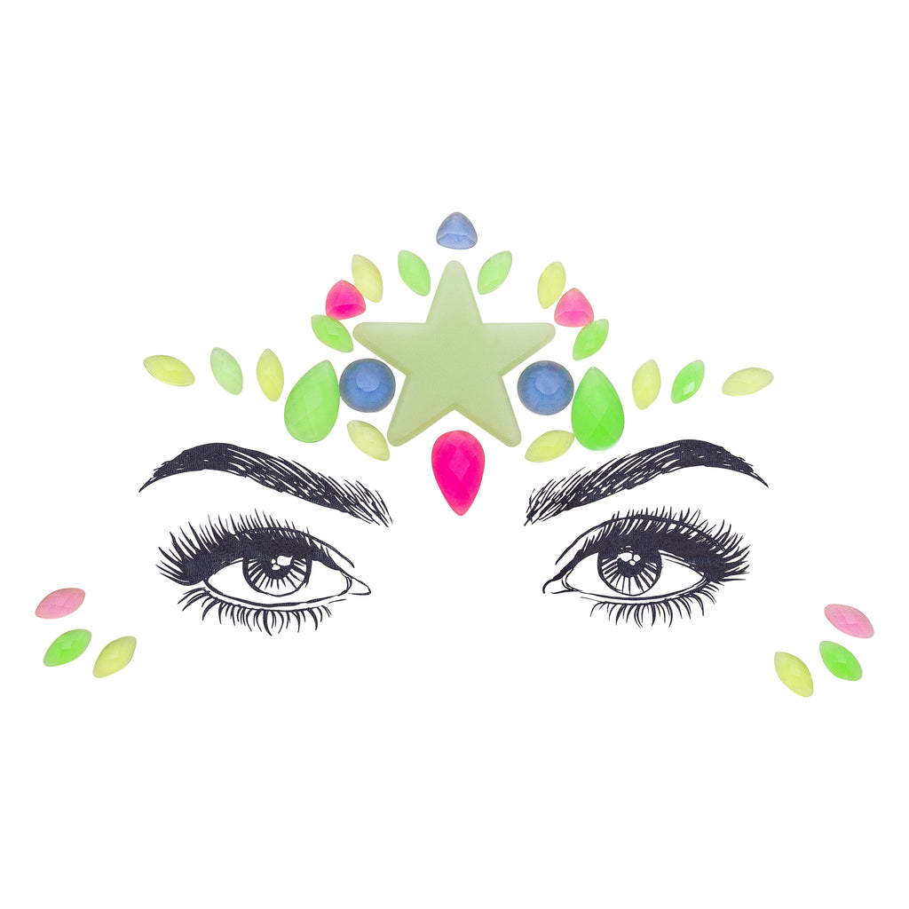 Elegant multicolor Parvati Face Gem Stickers featuring reflective resin rhinestone and acrylic diamond design. Glow-in-the-dark feature for night festivals. Adjustable fit for ages 12 and up, perfect for adding a divine touch to festival and carnival attire. Eco-friendly and non-toxic materials ensure safe and creative expression. #carnivalmw #festivalfashion