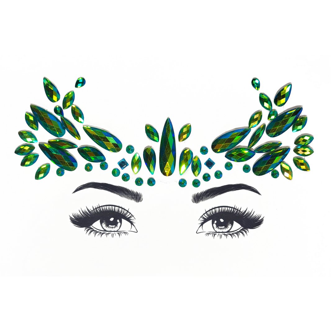 Vibrant green and gold Sagittarius Face Gem Stickers featuring reflective resin rhinestone and acrylic diamond design