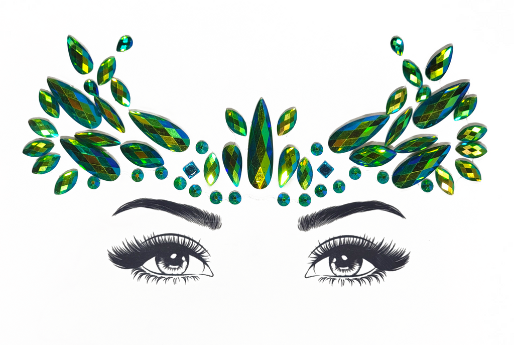 Vibrant green and gold Sagittarius Face Gem Stickers featuring reflective resin rhinestone and acrylic diamond design. Adjustable fit for ages 12 and up, perfect for adding an adventurous touch to festival and carnival attire. Eco-friendly and non-toxic materials ensure safe and creative expression. #carnivalmw #festivalfashion