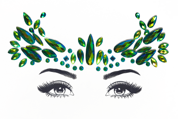 Vibrant green and gold Sagittarius Face Gem Stickers featuring reflective resin rhinestone and acrylic diamond design. Adjustable fit for ages 12 and up, perfect for adding an adventurous touch to festival and carnival attire. Eco-friendly and non-toxic materials ensure safe and creative expression. #carnivalmw #festivalfashion