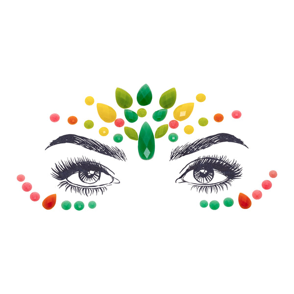 Radiant multicolor Saraswati Face Gem Stickers featuring reflective resin rhinestone and acrylic diamond design. Glow-in-the-dark feature for night festivals. Adjustable fit for ages 12 and up, perfect for adding a creative touch to festival and carnival attire. Eco-friendly and non-toxic materials ensure safe and imaginative expression. #carnivalmw #festivalfashion