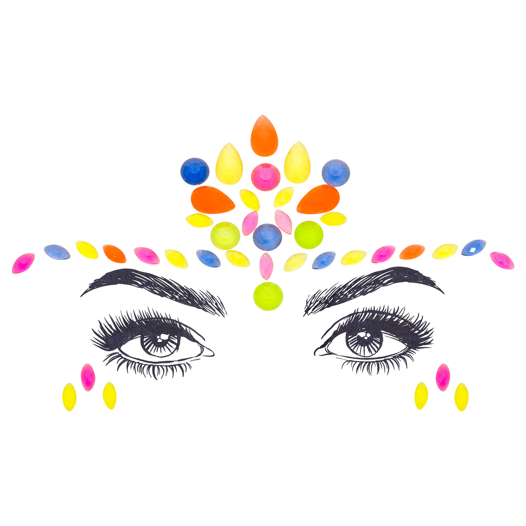 Vibrant multicolor Shakti Face Gem Stickers featuring reflective resin rhinestone and acrylic diamond design. Glow-in-the-dark feature for night festivals. Adjustable fit for ages 12 and up, perfect for adding a powerful touch to festival and carnival attire. Eco-friendly and non-toxic materials ensure safe and creative expression. #carnivalmw #festivalfashion