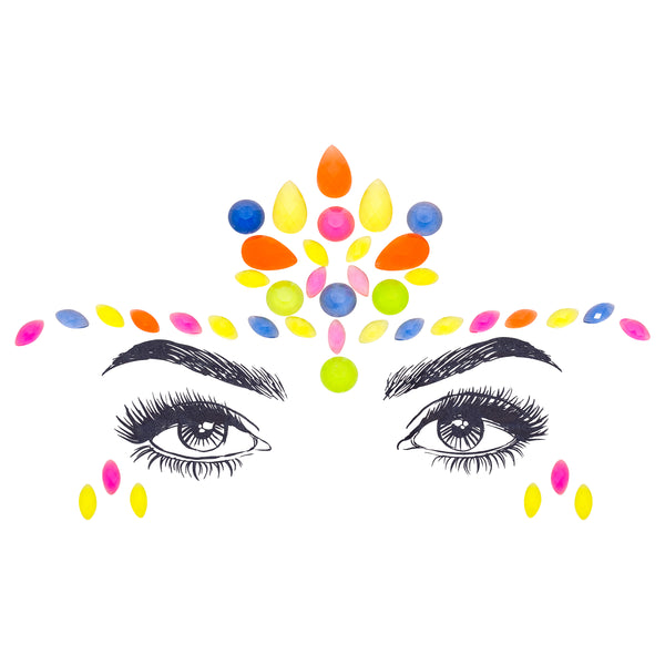 Vibrant multicolor Shakti Face Gem Stickers featuring reflective resin rhinestone and acrylic diamond design. Glow-in-the-dark feature for night festivals. Adjustable fit for ages 12 and up, perfect for adding a powerful touch to festival and carnival attire. Eco-friendly and non-toxic materials ensure safe and creative expression. #carnivalmw #festivalfashion