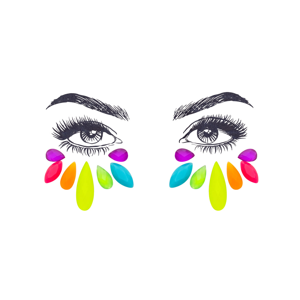 Vibrant multicolor Sita Face Gem Stickers featuring reflective resin rhinestone and acrylic diamond design. Glow-in-the-dark feature for night festivals. Adjustable fit for ages 12 and up, perfect for adding a colorful touch to festival and carnival attire. Eco-friendly and non-toxic materials ensure safe and creative expression. #carnivalmw #festivalfashion