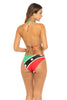 St. Kitts & Nevis Flag Two-Piece Bikini Swimsuit featuring vibrant black, green, red, and yellow colors. Made from Nylon and Spandex for comfort and flexibility. True to size fit with removable pads, ideal for ages 16 and up. Perfect for beach, resort, or poolside events. Machine washable for easy care. #carnivalmw #carnival #mondaywear #swimsuit #stkittsnevis