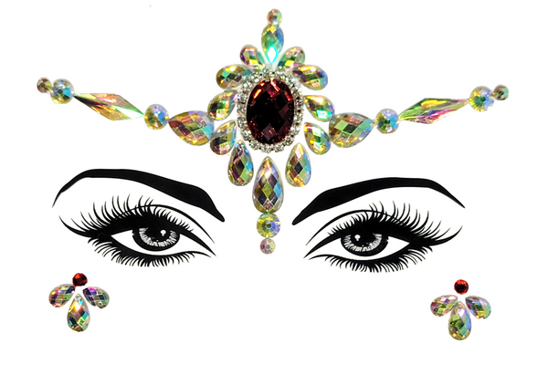 Striking red and gold Taurus Face Gem Stickers featuring reflective resin rhinestone and acrylic diamond design. Adjustable fit for ages 12 and up, perfect for adding an earthy touch to festival and carnival attire. Eco-friendly and non-toxic materials ensure safe and creative expression. #carnivalmw #festivalfashion