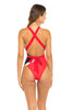 Trinidad & Tobago Flag Multiwear One-Piece Swimsuit featuring bold black, red, and white colors. Versatile design allows for cross-neck or straight shoulder styling. Made from Nylon and Spandex for comfort and flexibility. True to size fit, perfect for carnival, festival, or beach events. #carnivalmw #swimsuit #trinidad #mondaywear #onepiece