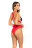 Trinidad & Tobago Flag Multiwear One-Piece Swimsuit featuring bold black, red, and white colors. Versatile design allows for cross-neck or straight shoulder styling. Made from Nylon and Spandex for comfort and flexibility. True to size fit, perfect for carnival, festival, or beach events. #carnivalmw #swimsuit #trinidad #mondaywear #onepiece