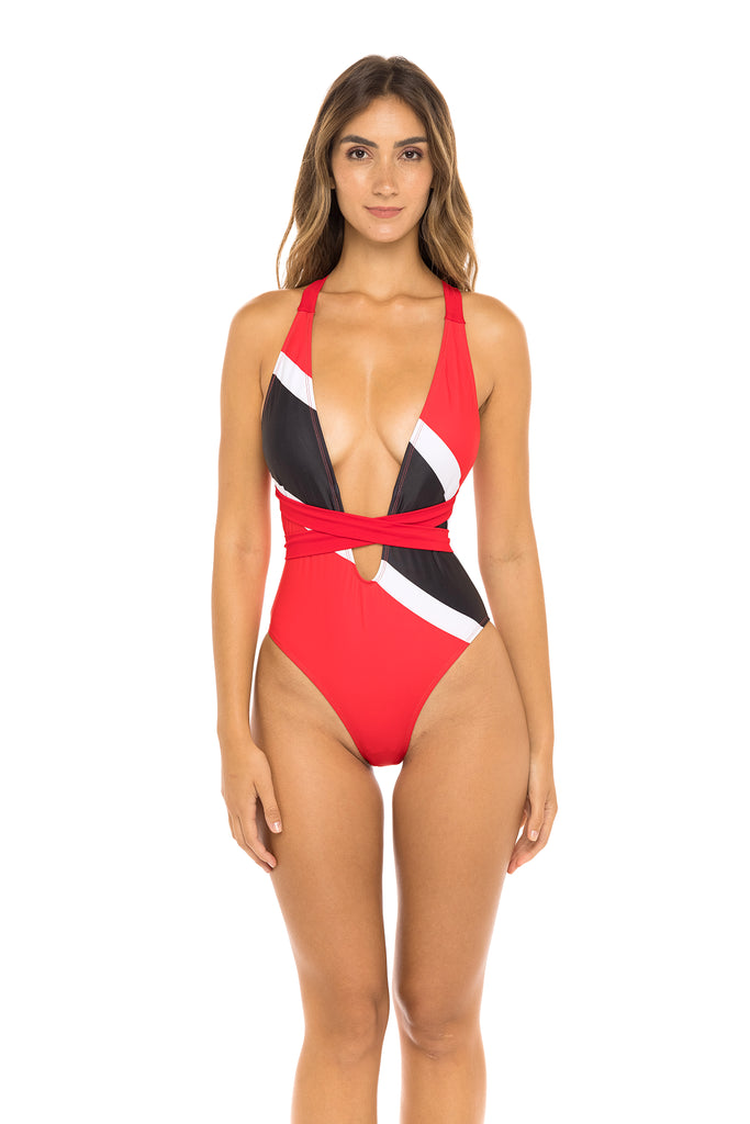 Trinidad & Tobago Flag Multiwear One-Piece Swimsuit featuring bold black, red, and white colors. Versatile design allows for cross-neck or straight shoulder styling. Made from Nylon and Spandex for comfort and flexibility. True to size fit, perfect for carnival, festival, or beach events. #carnivalmw #swimsuit #trinidad #mondaywear #onepiece