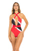 Trinidad & Tobago Flag Multiwear One-Piece Swimsuit featuring bold black, red, and white colors. Versatile design allows for cross-neck or straight shoulder styling. Made from Nylon and Spandex for comfort and flexibility. True to size fit, perfect for carnival, festival, or beach events. #carnivalmw #swimsuit #trinidad #mondaywear #onepiece"