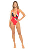 Trinidad & Tobago Flag Multiwear One-Piece Swimsuit featuring bold black, red, and white colors. Versatile design allows for cross-neck or straight shoulder styling. Made from Nylon and Spandex for comfort and flexibility. True to size fit, perfect for carnival, festival, or beach events. #carnivalmw #swimsuit #trinidad #mondaywear #onepiece